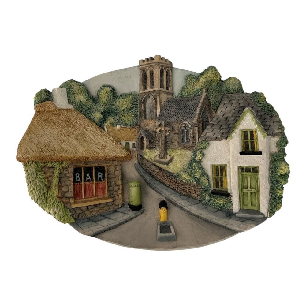 Vintage Village Street Scene Wall Plaque Church Cottage Bar Relief Decor